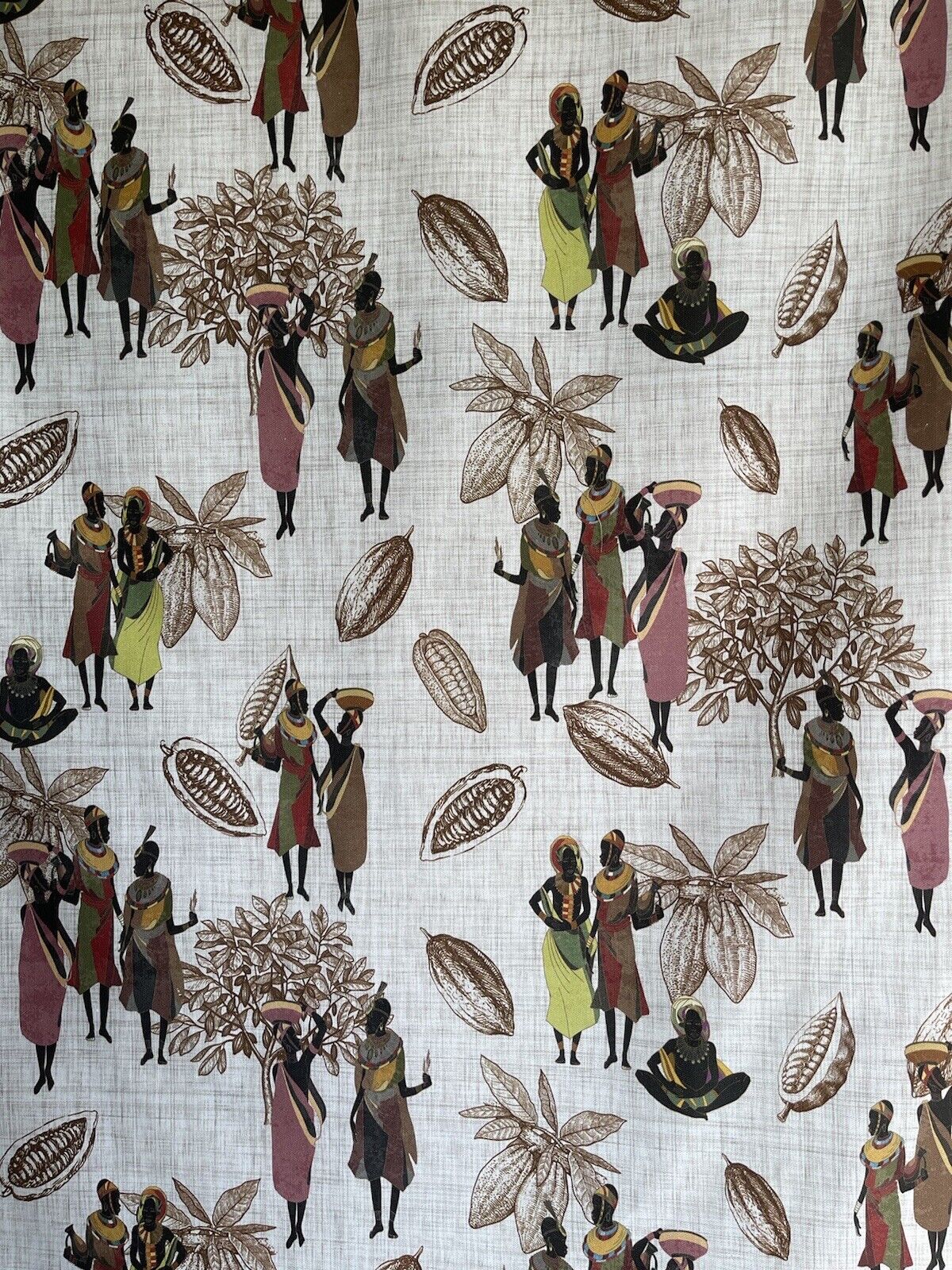 African People Toile Print Cotton Fabric Panel of 100cm Baobab Fruit Tree Leaves Brown Textile