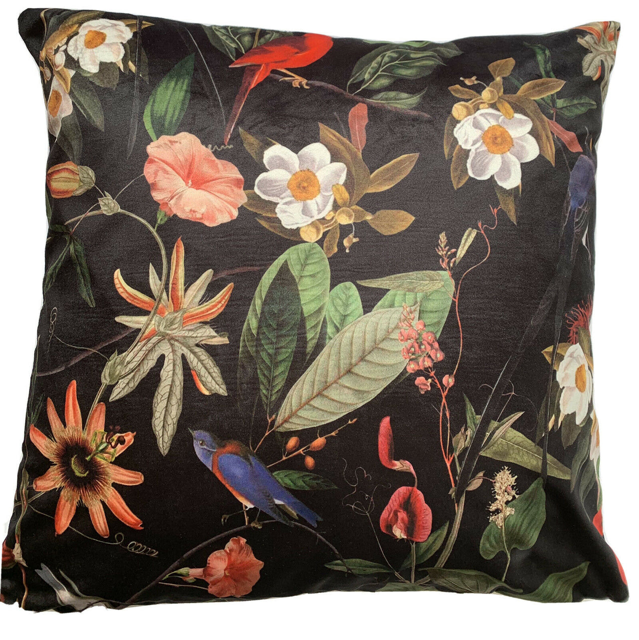 Passiflora Velvet Cushion Cover Birds Decorative Pillow Case Floral Pillowcase Black Sofa Decor Orange Couch Decore