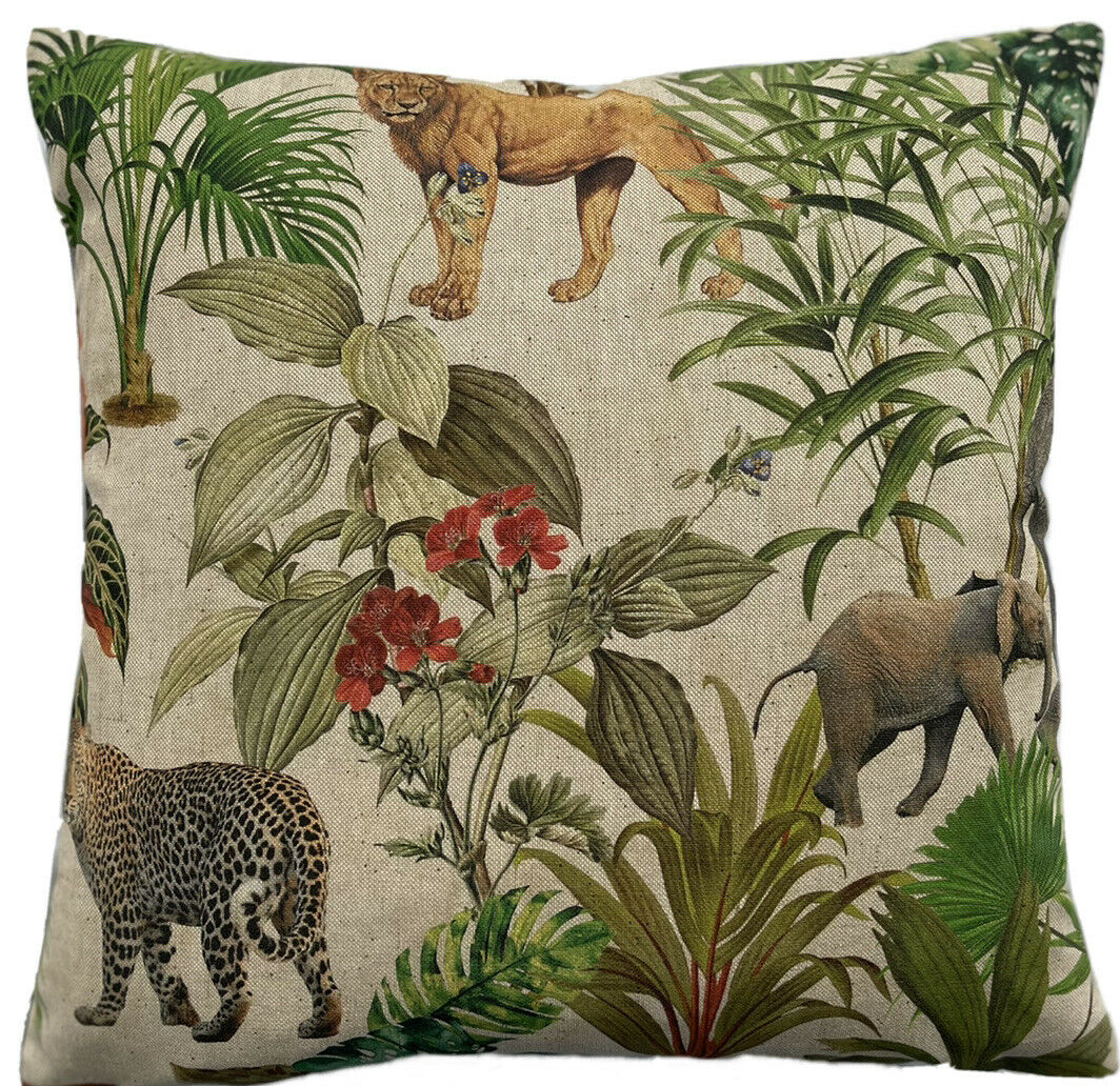 Zambezi Cushion Cover Grey Animal Print Safari Elephant Lion Zebra Floral Green