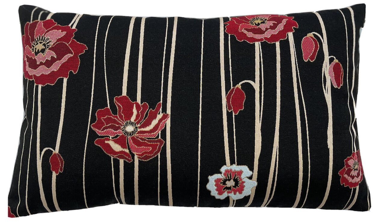 Red Poppy Stripes Cushion Cover Black Woven Throw Pillow Botanica Pinkl Garden