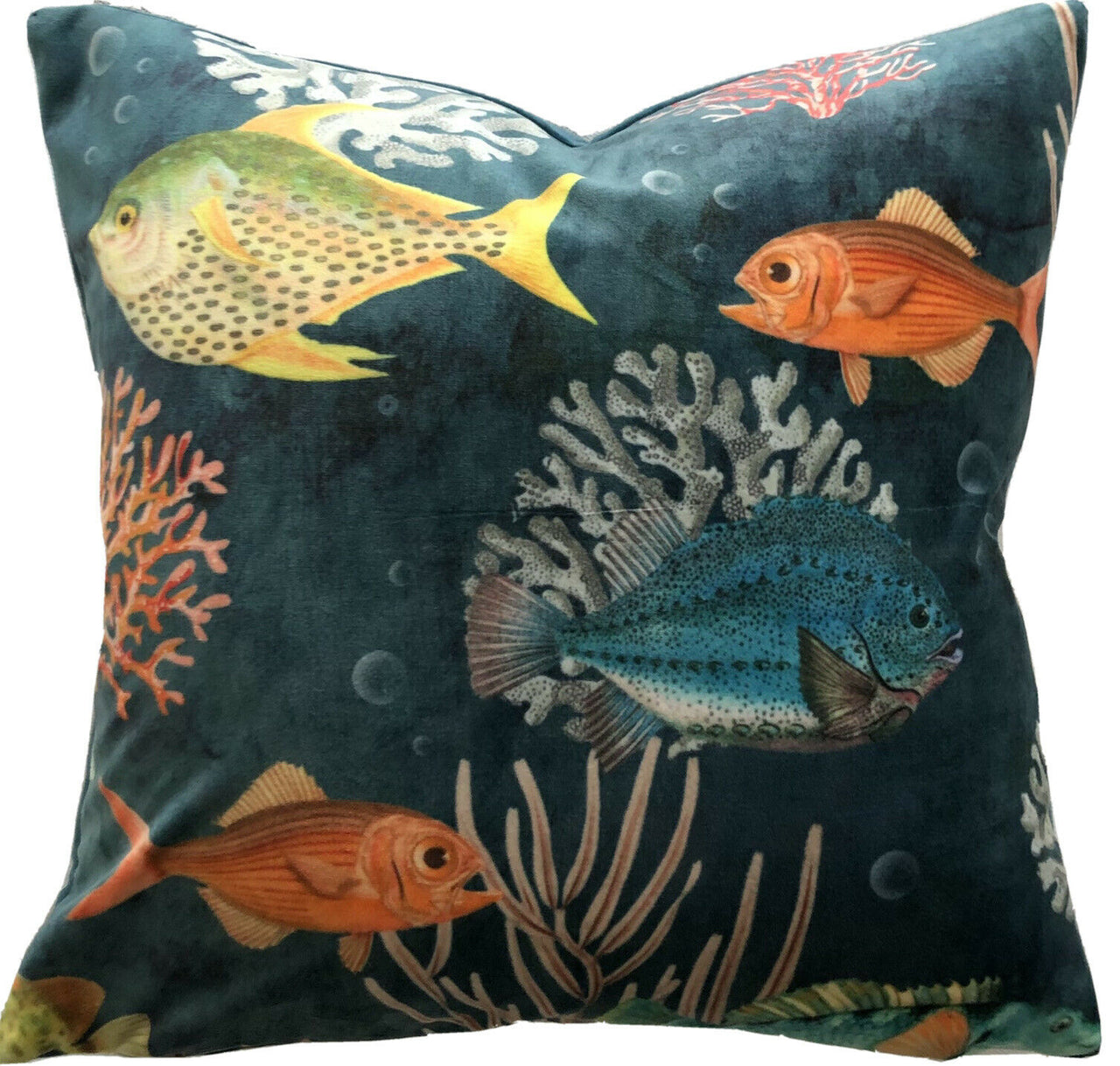 Tropical Fish Cushion Cover Italian Velvet  Ocean Coral Reef Turquoise Yellow