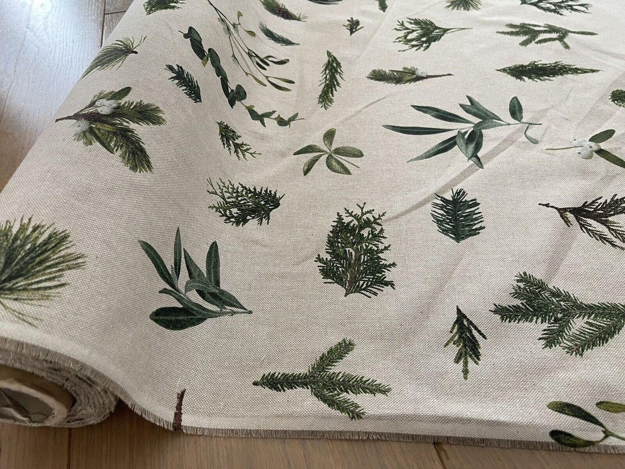 Mistletoe Cotton Fabric - Green Pine Tree Leaves Print, Christmas Sewing Material for Home Decor & Crafts