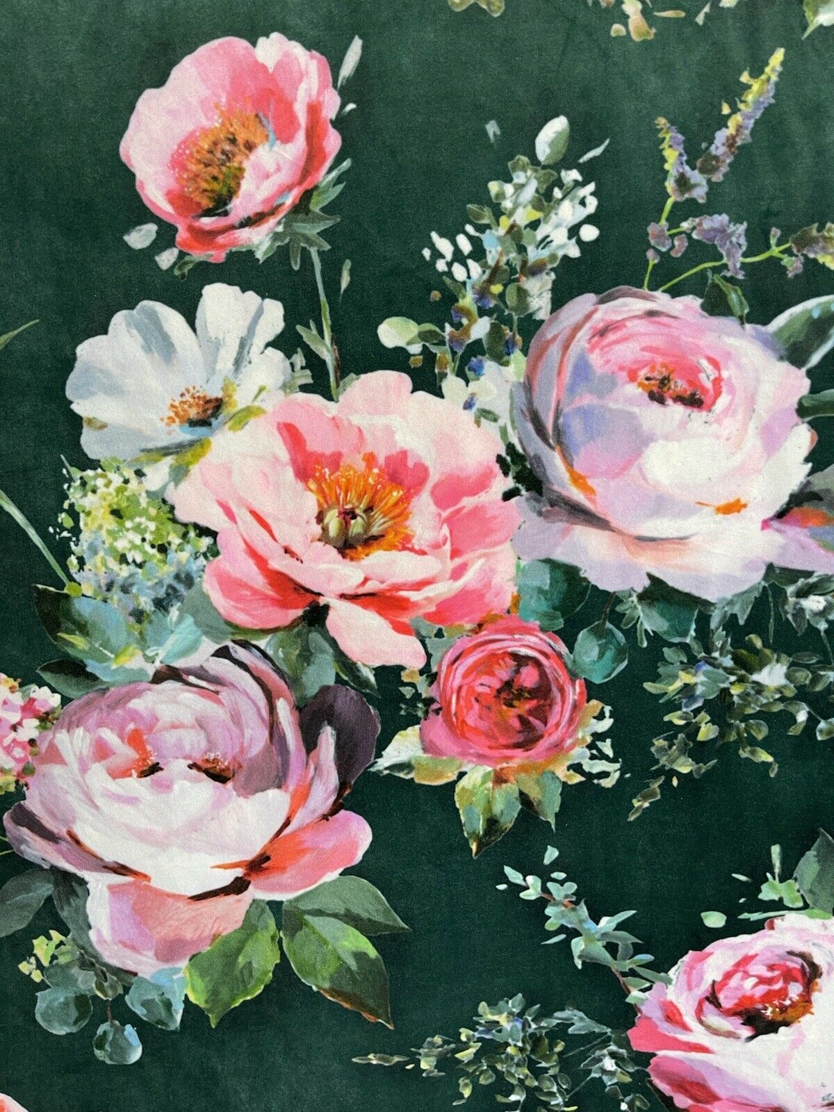 Pink Roses Italian Velvet Printed Fabric Green Floral Painting Deluxe by Meter