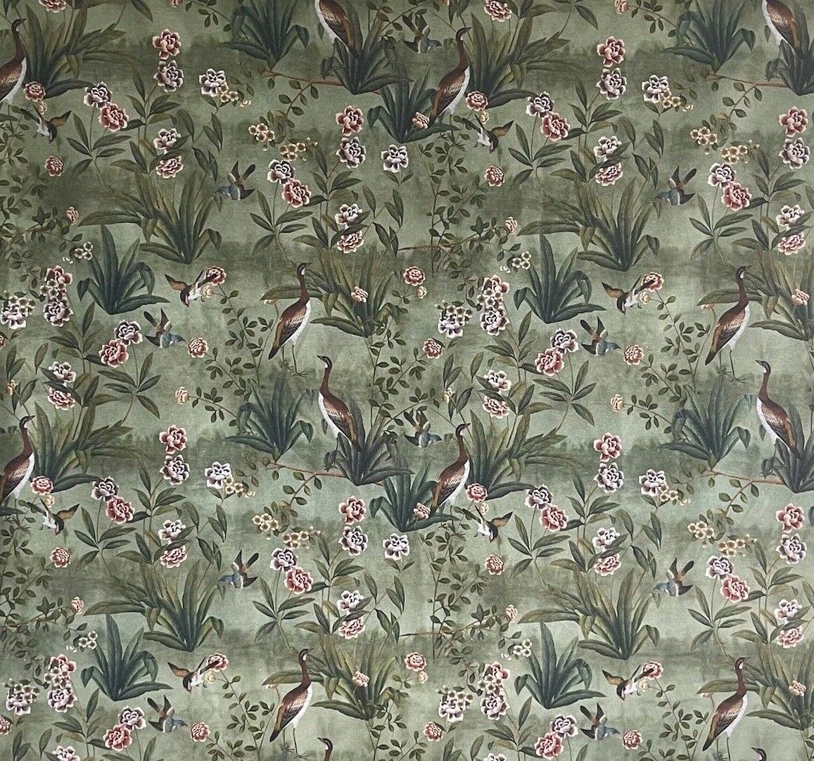 Goose Bird Garden Botanical Vintage Style Printed Green Cotton Fabric by Meter