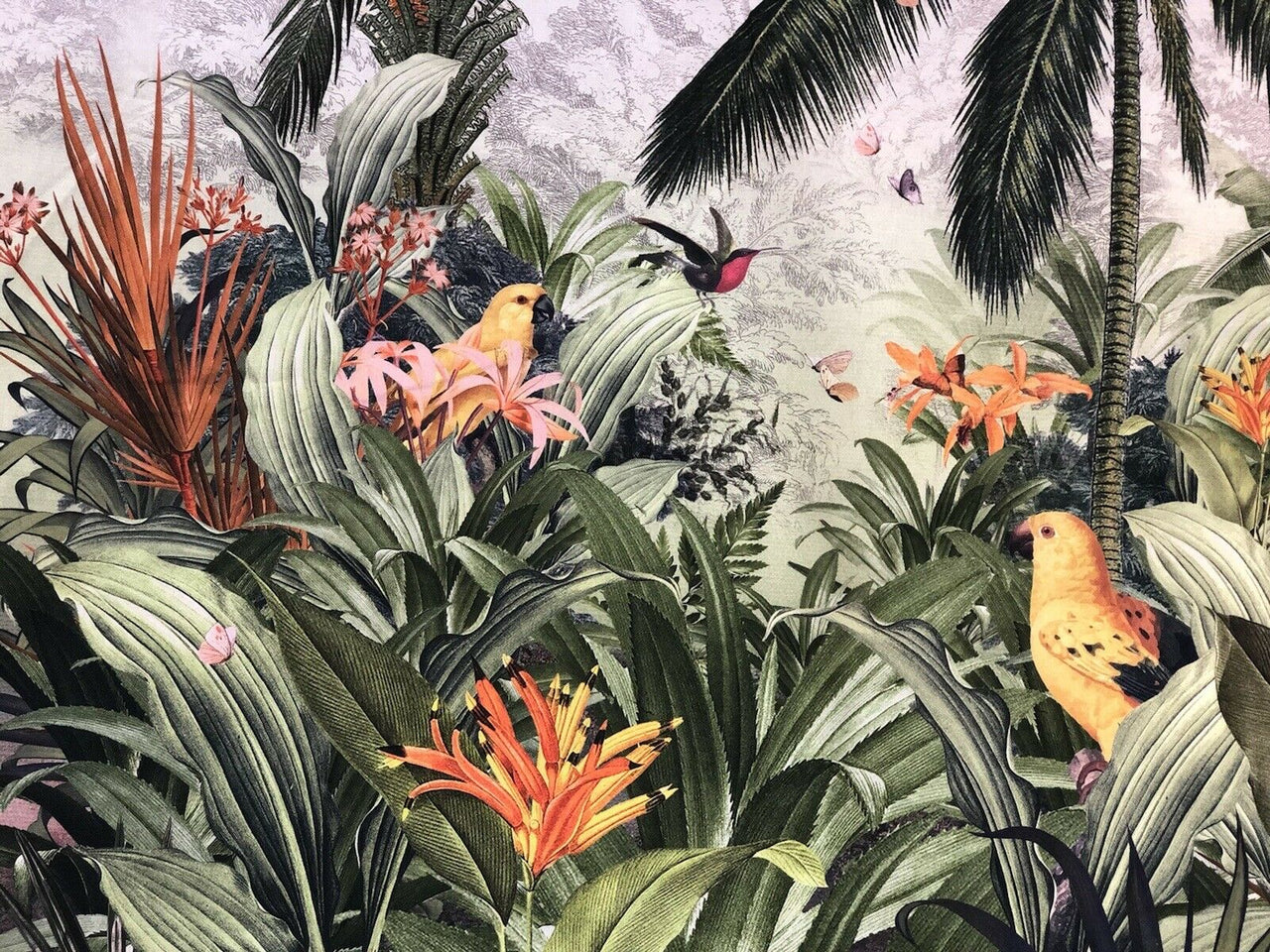 Coconuts Palm Tree Cotton Fabric Panel 120 cm x 137 cm Green Tropical Sewing Material Birds Pattern Butterfly Nature