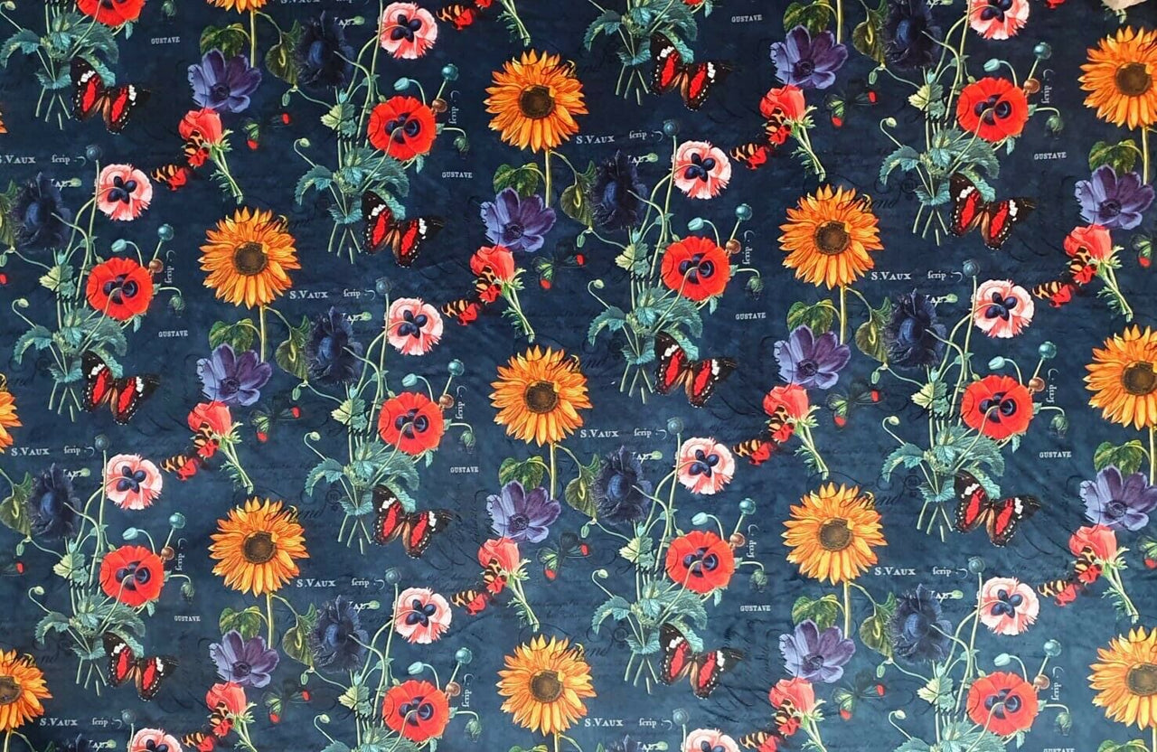 Red Poppy Yellow Sunflower Exotic Botanical Blue Italian Velvet Fabric by Meter