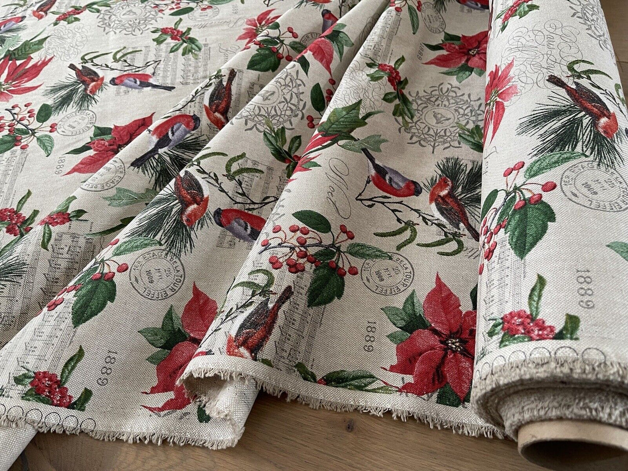 Poinsettia Christmas Cotton Fabric Red and Green Floral Design with Birds Xmas Print Cushions Tablecloths Crafts