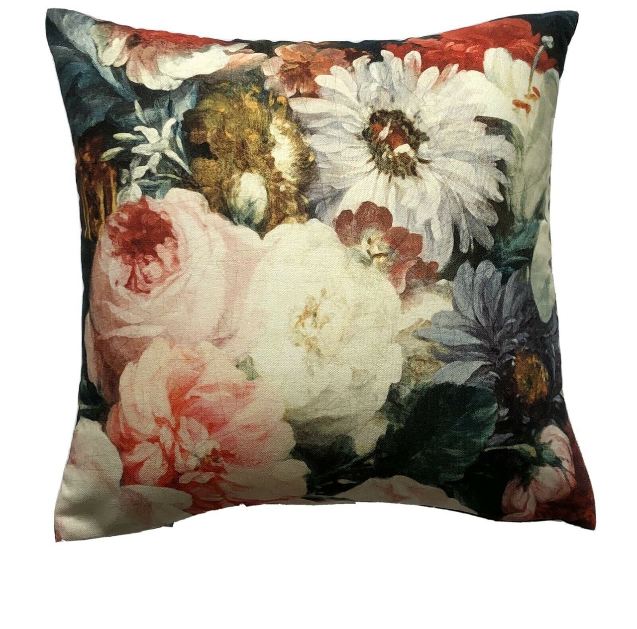 Masterpiece Museum Botanical Blue Cotton Cushion Cover Red Roses White Lily