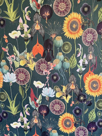 Thumbnail for Dark Green Botanical Velvet Poppy Sunflower Fabric - Sold By Meter