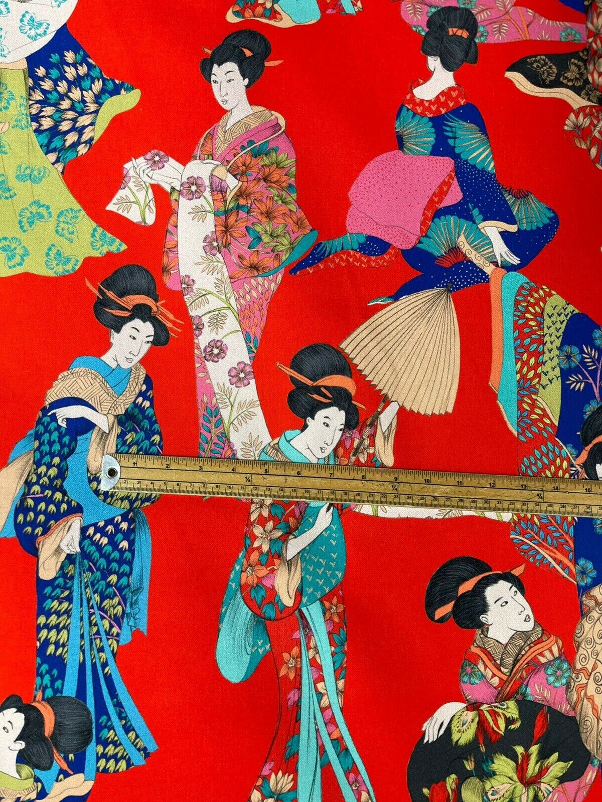 Red Geisha Printed Cotton Fabric by Meter Japanese Lady Kimono Pink Blue Floral