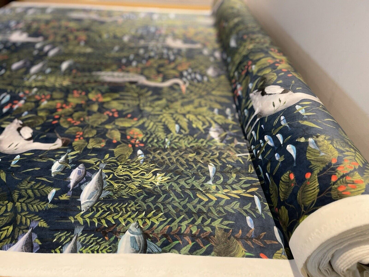 Herons Velvet Fabric by Meter Dark Sewing Material Grey Fish Frog Bird Pattern Textile Water Nature Green Plants
