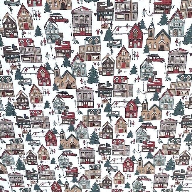 Winter Village Cotton Printed Fabric by Meter Red House Xmas Snow Kids Playing