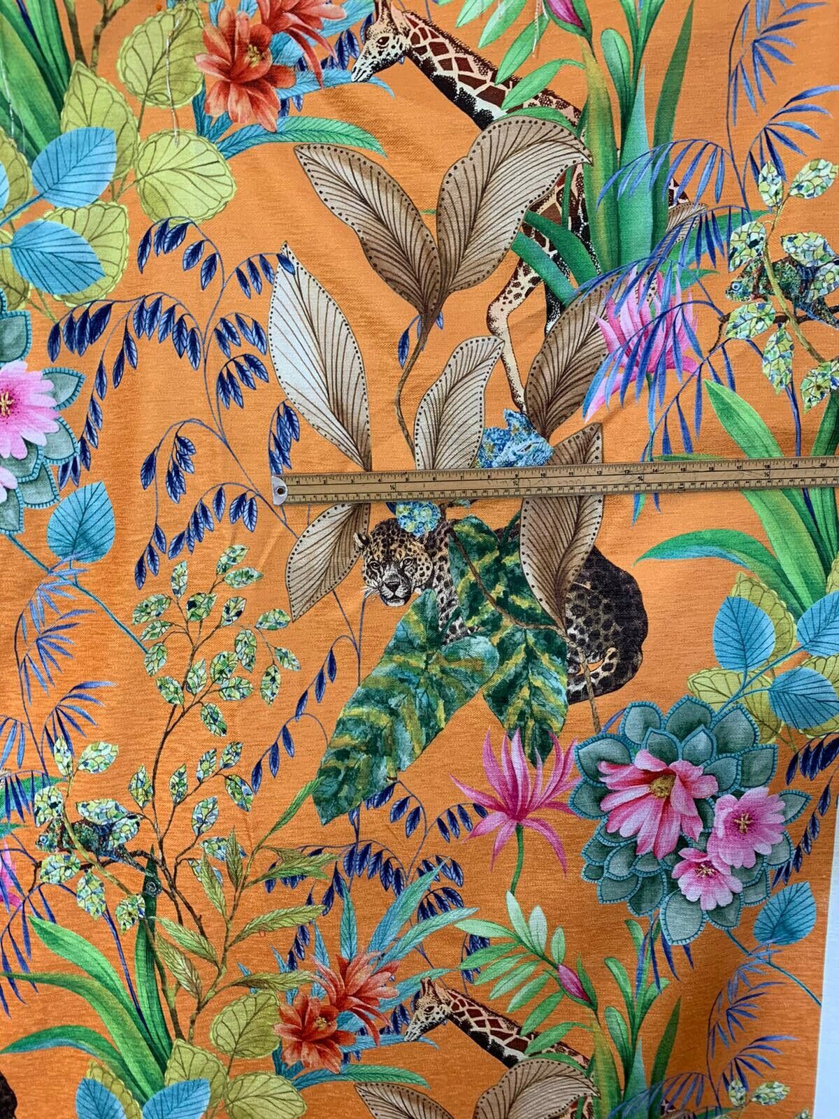 Orange Tonga Jungle Leopard Giraffe Botanic Flower Plants Animal Fabric by Meter