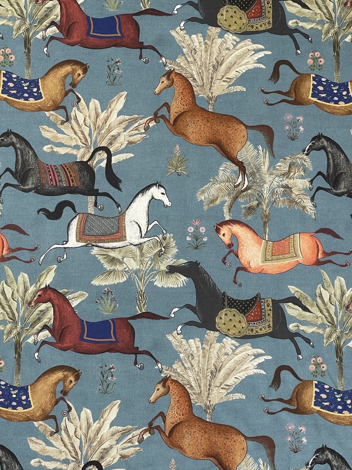 Arabian Horses Blue Cotton Fabric - By Meter