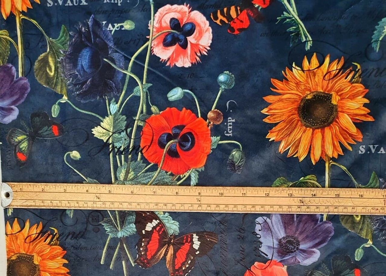 Red Poppy Yellow Sunflower Exotic Botanical Blue Italian Velvet Fabric by Meter