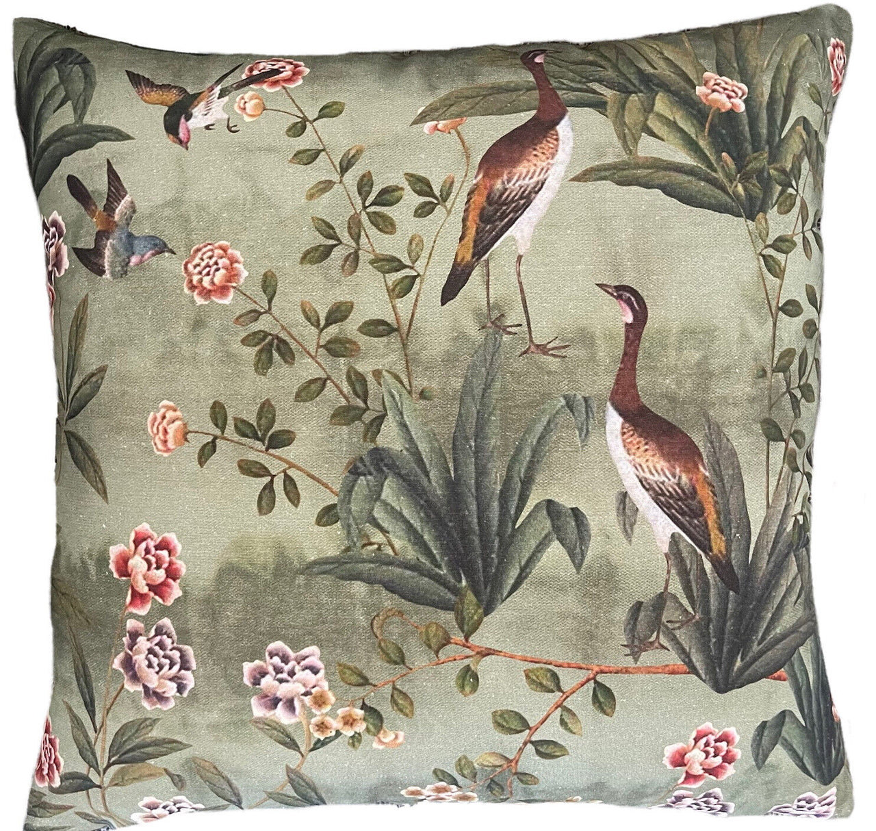 Vintage Style Cushion Cover 22” Geese, Birds Decorative throw Pillow Case Plants, Flowers Pillowcase Green Sofa Home Decore