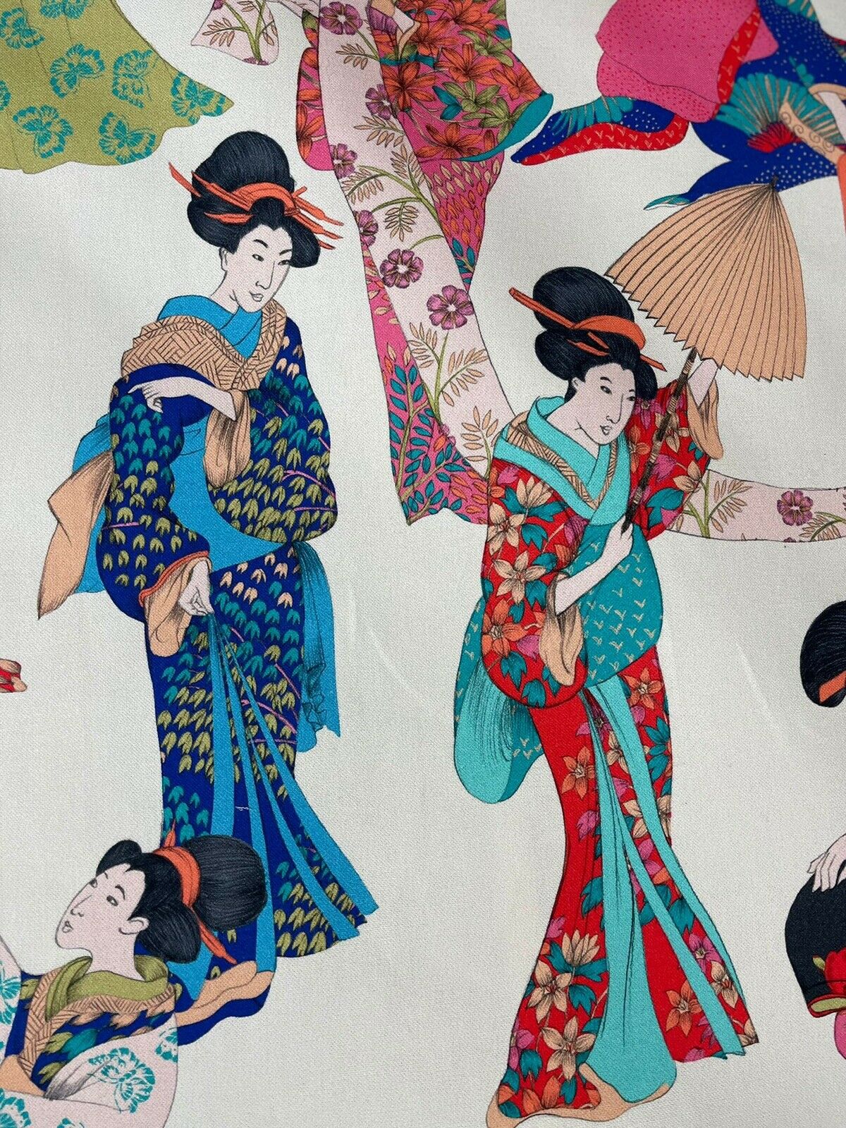 Geisha Printed Cotton Fabric by Meter Japanese Lady Kimono Motif Sewing Material Blue Pink Red Floral Textile