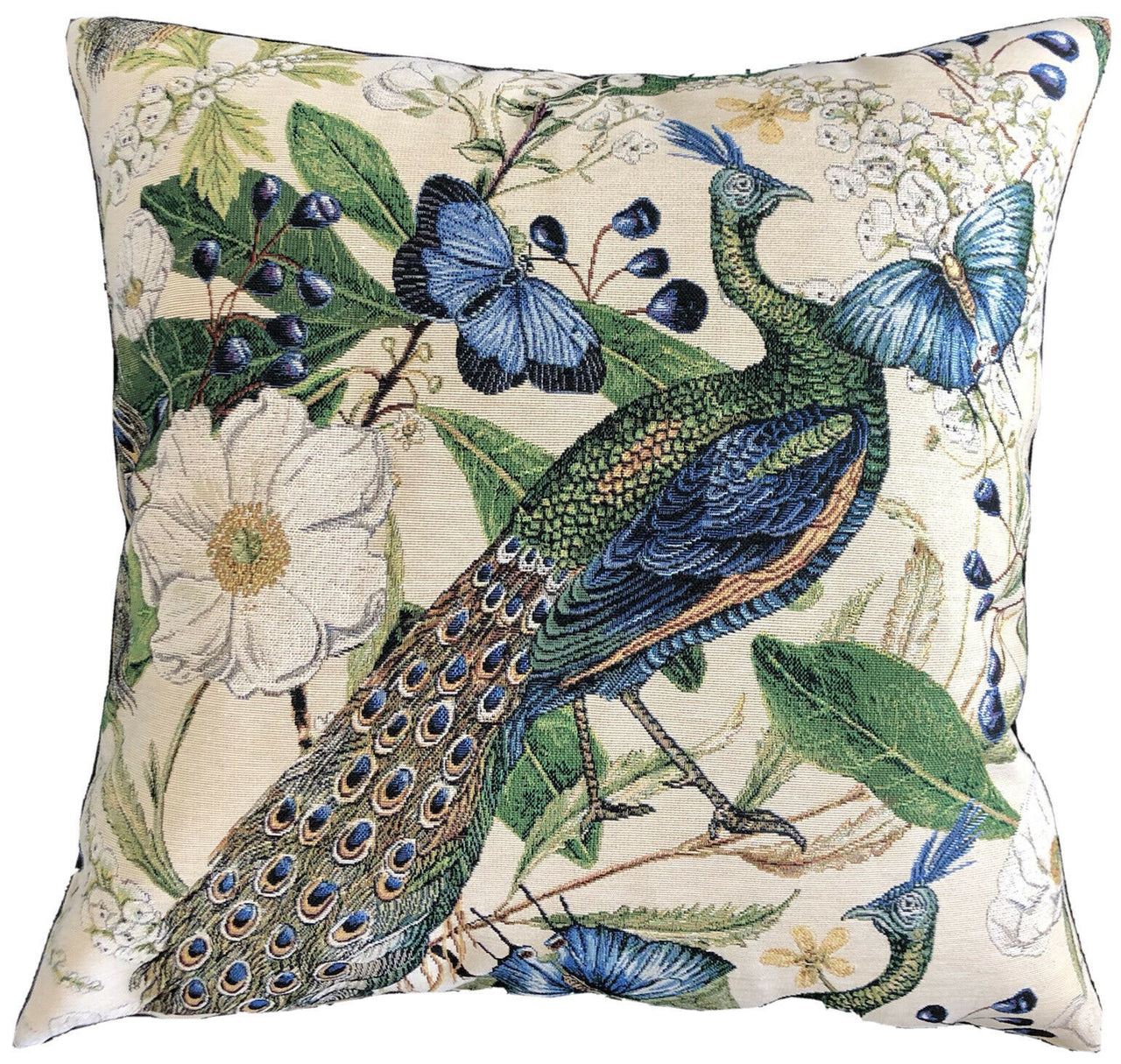 Beige Peacock Fabric Cushion Cover Green Blue Green Butterfly Floral 22"