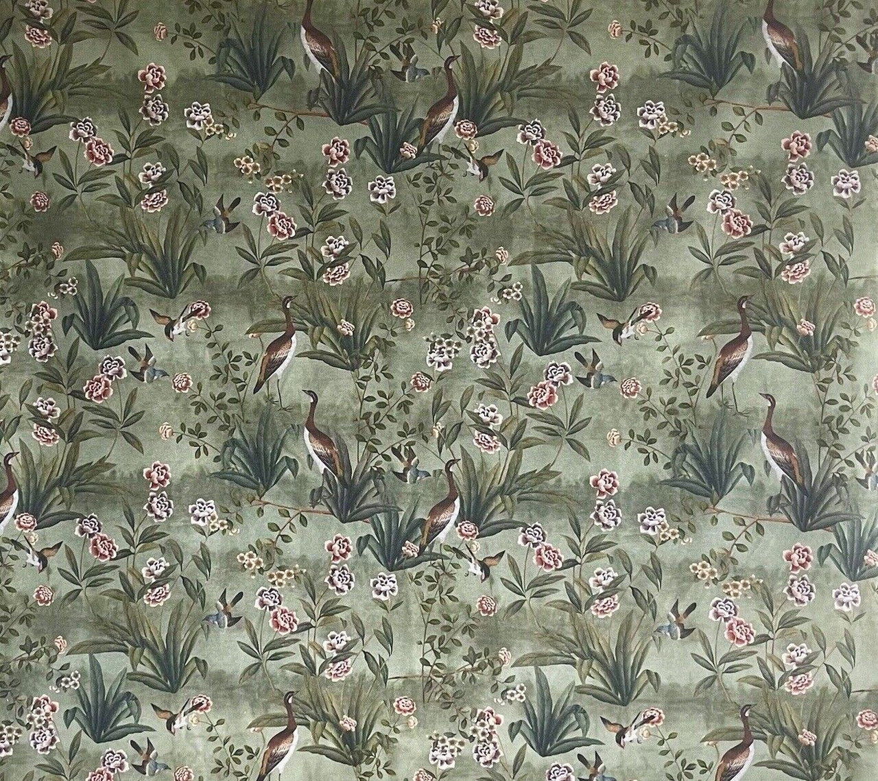 Goose Bird Garden Botanical Vintage Style Printed Green Cotton Fabric by Meter