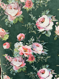 Thumbnail for Pink Roses Italian Velvet Printed Fabric Green Floral Painting Deluxe by Meter