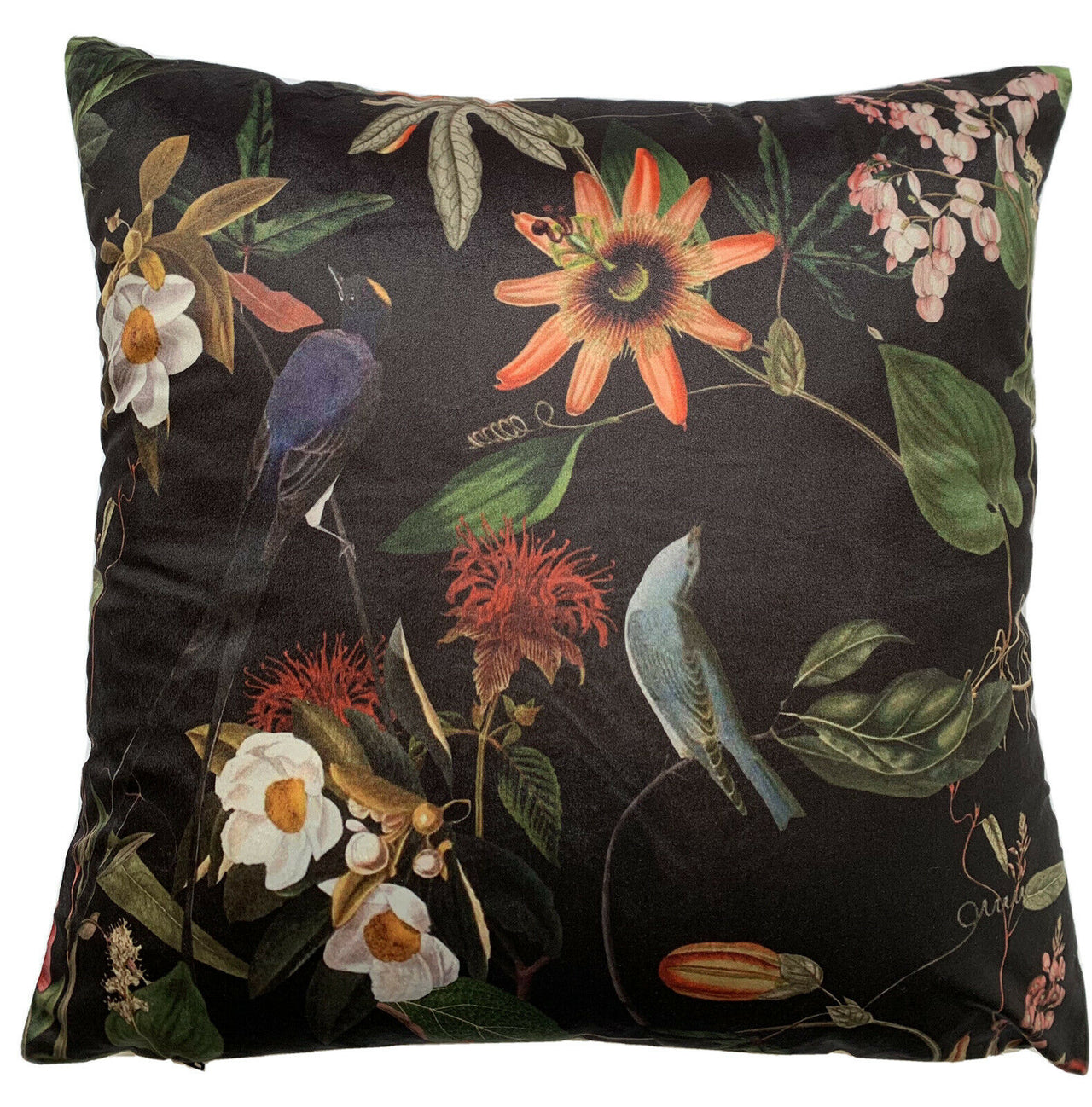 Passiflora Velvet Cushion Cover Birds Decorative Pillow Case Floral Pillowcase Black Sofa Decor Orange Couch Decore