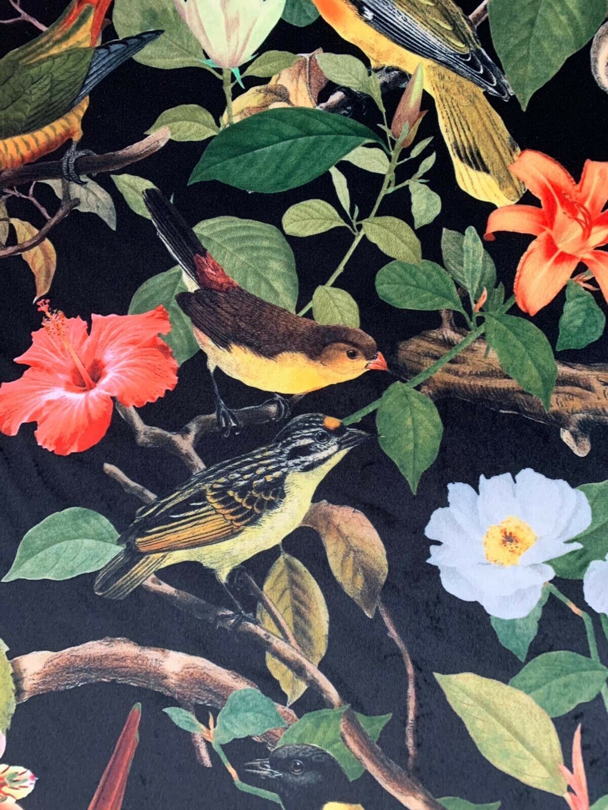 Hibiscus And Lilies Black Fabric By Meter Birds Sewing Material Floral Velvet Bird Pattern Green Botanical Textile