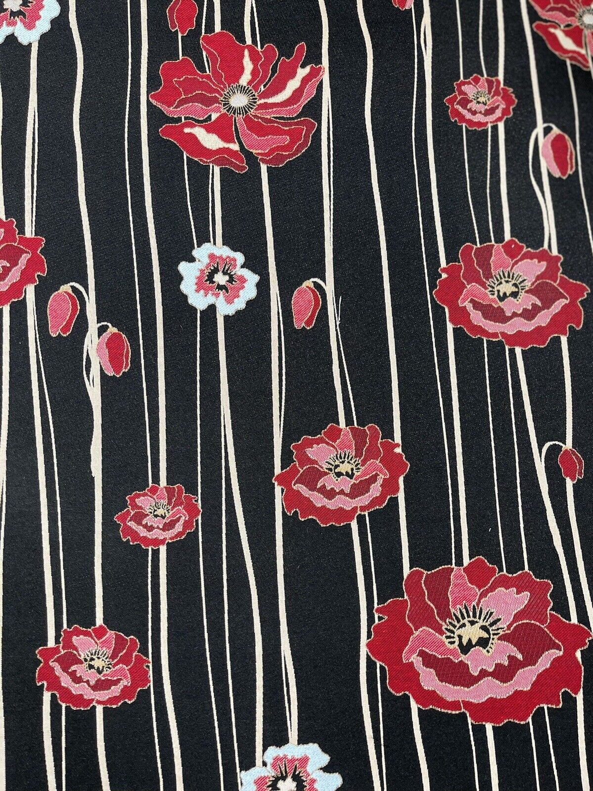 Poppy Woven Fabric Sold by Meter Upholstery Black Red Buds Streams Leaves Stripe