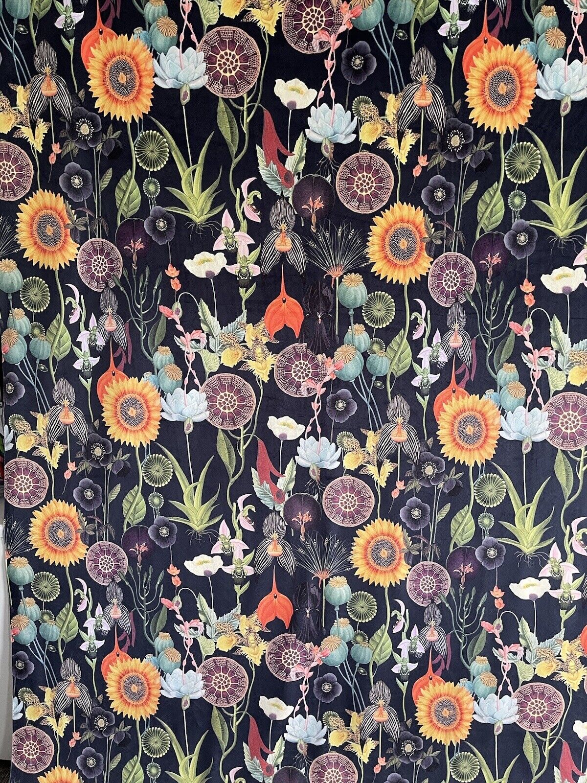 Dark Botanical Velvet Poppy Sunflower Fabric - Sold By Meter