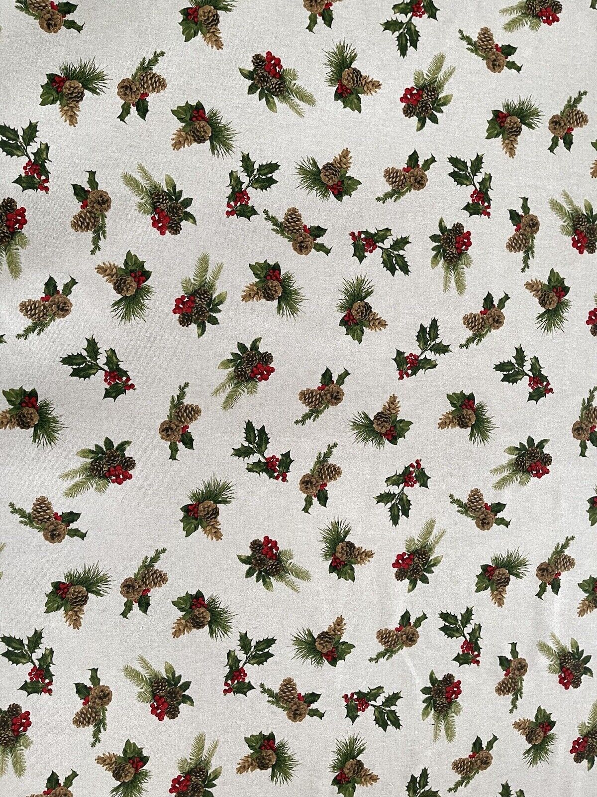 Pinecones Cotton Fabric - Festive Christmas Print, Red & Green Winter Holiday Material for Sewing & Crafts