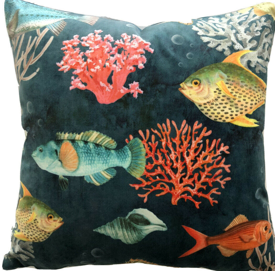 Tropical Fish Cushion Cover Italian Velvet Ocean Coral Reef Turquoise Home Zone Studio