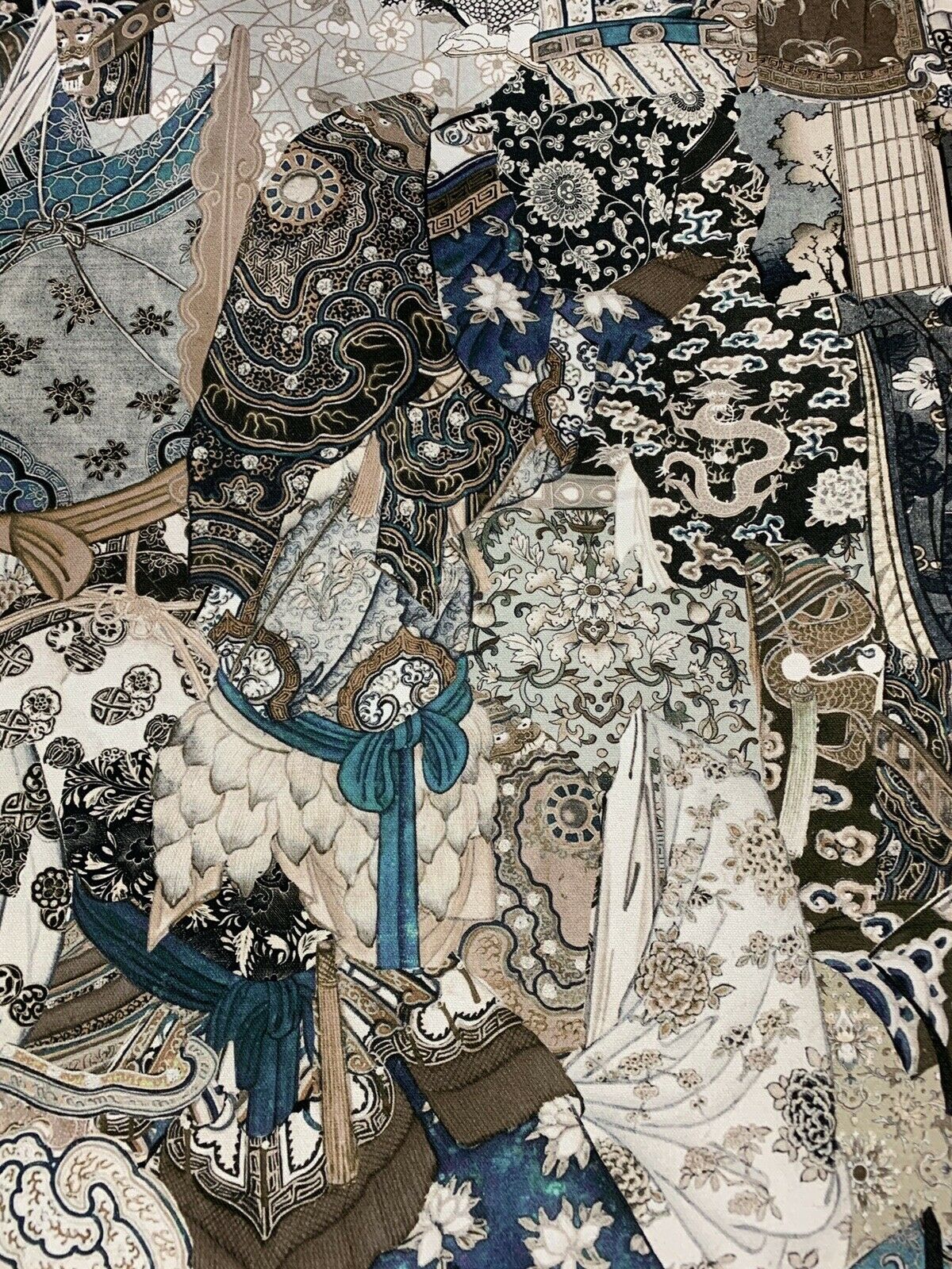Kimono Oriental Print Dragon Blue Toffee Green Floral Cotton Fabric by Meter