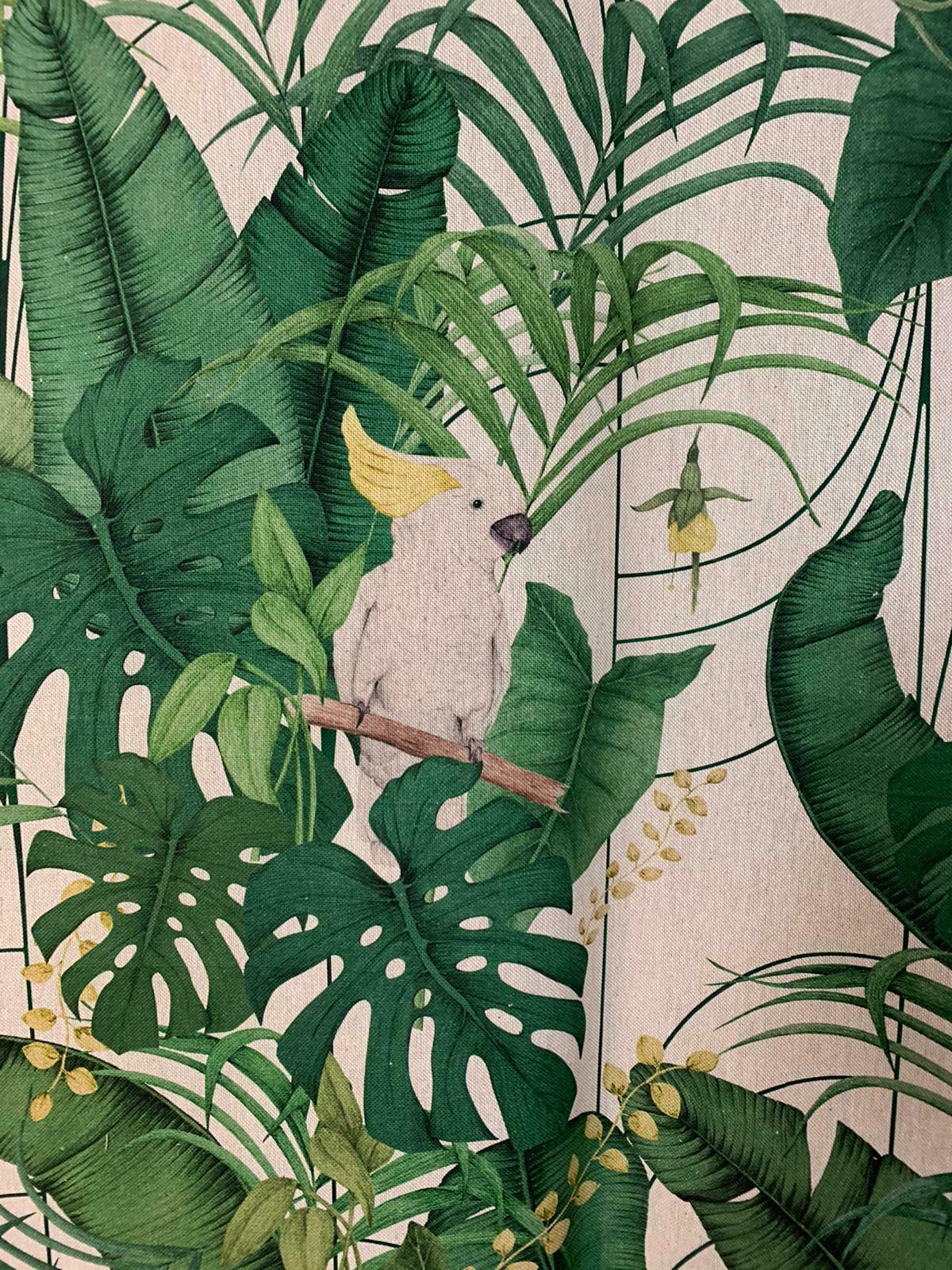 Royal White Cockatoo Green Fern Leaves Parrots Printed Cotton Fabric by Meter