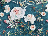 Thumbnail for Light Pink Roses in Bloom Printed on Teal Color Velvet - Sold by Meter DIY