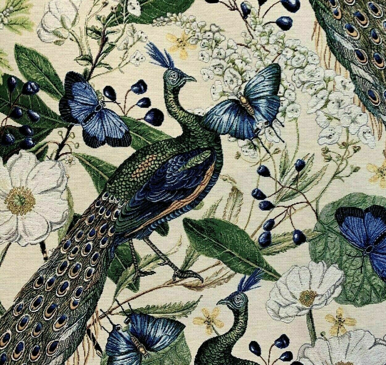 Peacock Butterflies Birds Botanical Woven Fabric Sold by Meter Floral Upholstery Textile Beige Sewing Material