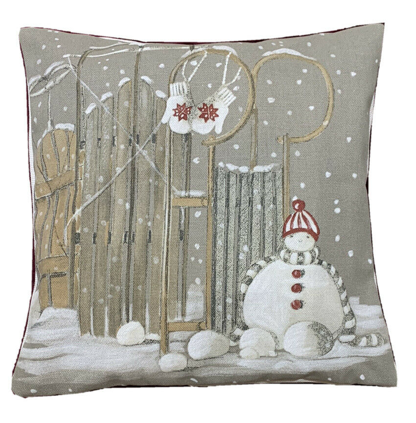 Xmas Snowman Cushion Cover - Winter Sledges Printed Fabric, Small 27cm Square Throw Pillow