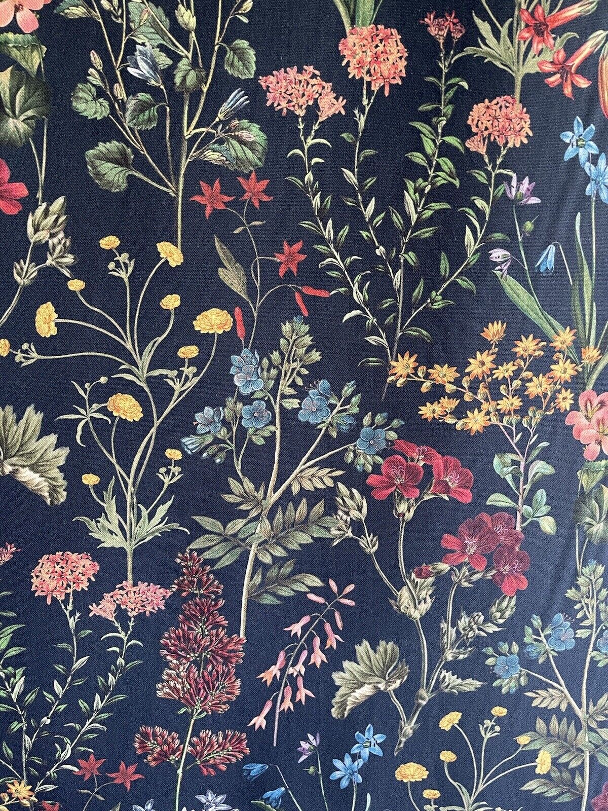 Flower Field Cotton Fabric by Meter Botanical Sewing Material by Yards Floral Print Textile by Metres Hyacinth Azalea Wildflowers Black Textile