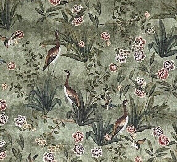 Goose Bird Garden Botanical Vintage Style Printed Green Cotton Fabric by Meter