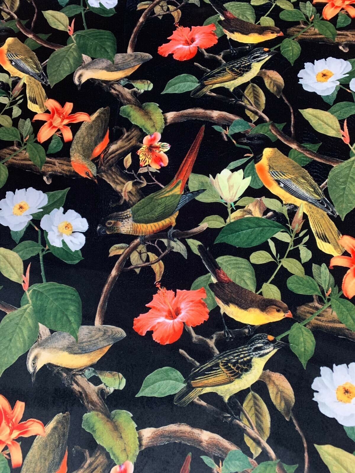 Hibiscus And Lilies Black Fabric By Meter Birds Sewing Material Floral Velvet Bird Pattern Green Botanical Textile