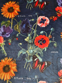 Thumbnail for Red Poppy Yellow Sunflower Exotic Botanical Blue Italian Velvet Fabric by Meter