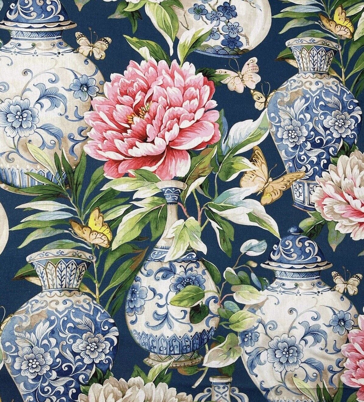 Blue Jardin Floral Cotton Fabric by Meter Oriental Asian Vase Sewing Material Blue Textile