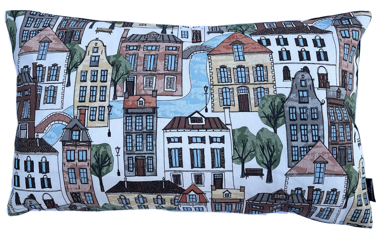 Village Houses Cushion Cover Town Streets Lamppost River Downtown White City