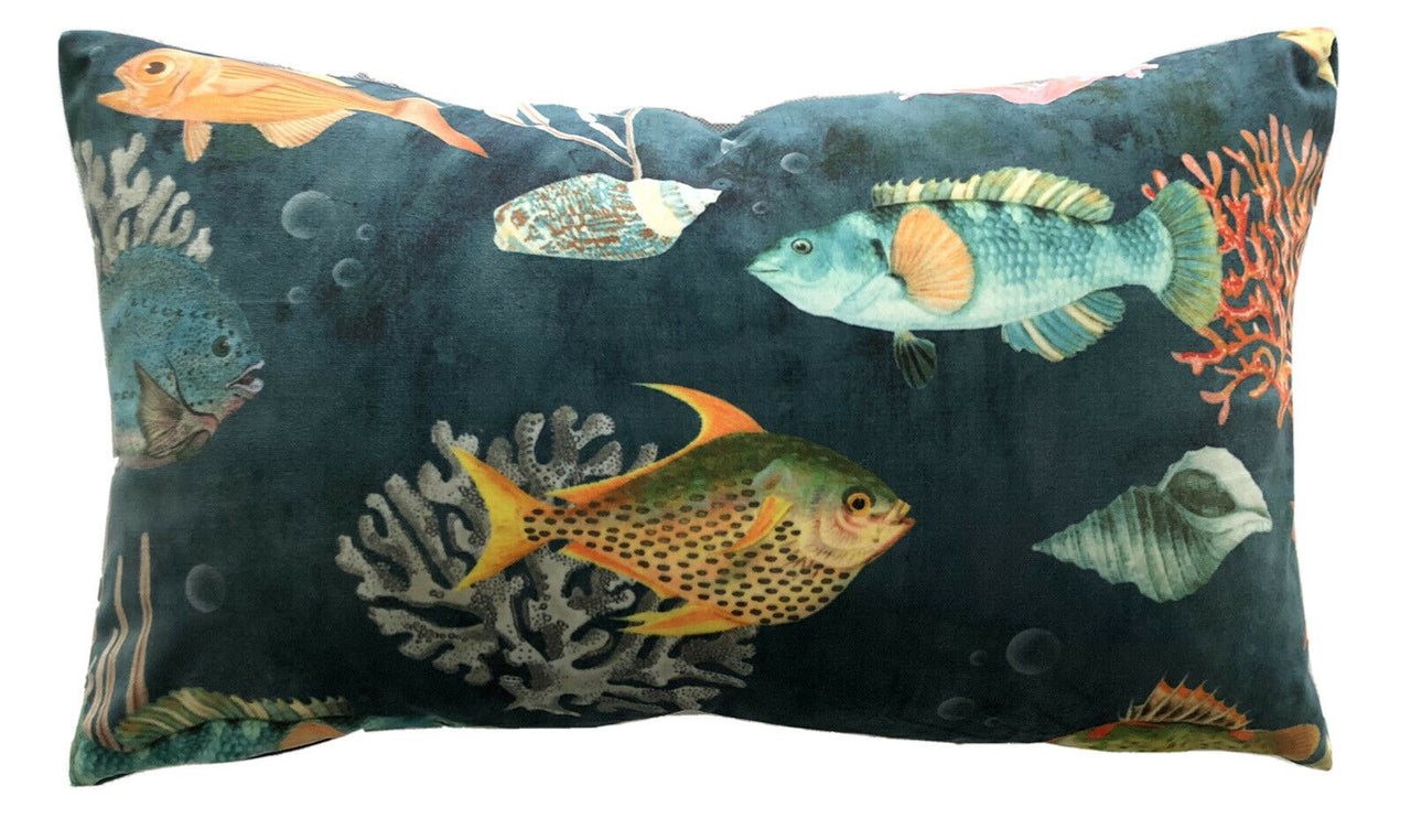 Tropical Fish Cushion Cover Italian Velvet  Ocean Coral Reef Turquoise Yellow