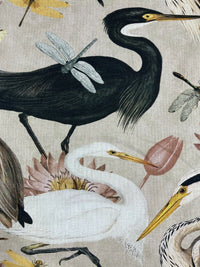 Thumbnail for Beige Herons Birds Romantic Lotus Pink Yellow Black Art Cotton Fabric by Meter