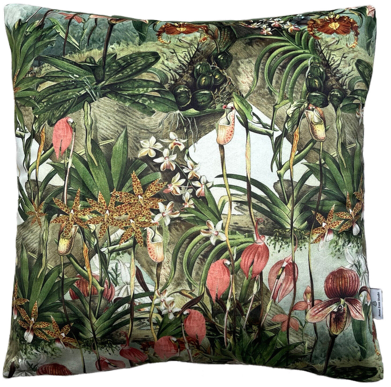 Wild Orchids Velvet Cushion Cover Botanical Green Pink Yellow Exotic Plants