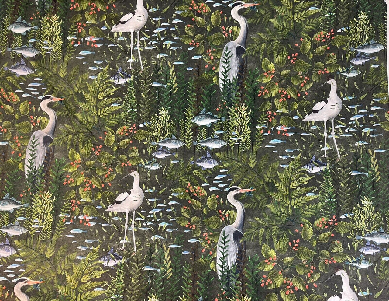 Fish Herons Birds Cotton Fabric by Meter Dark Sewing Material Green Textile Animals Pattern Textile