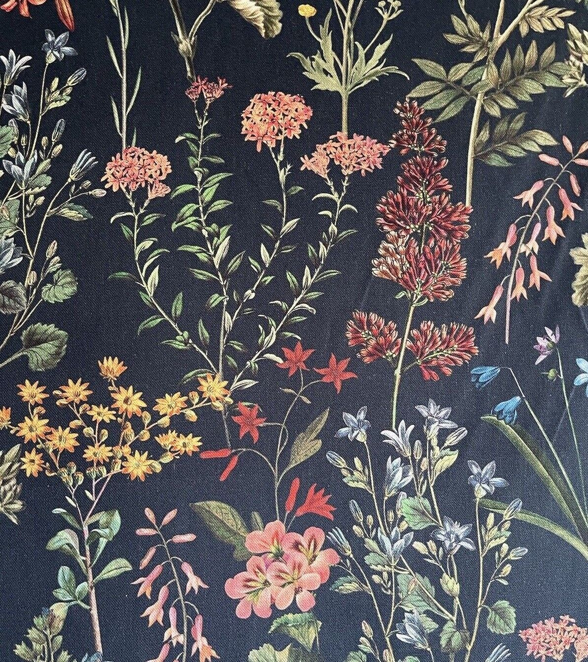 Flower Field Cotton Fabric by Meter Botanical Sewing Material by Yards Floral Print Textile by Metres Hyacinth Azalea Wildflowers Black Textile