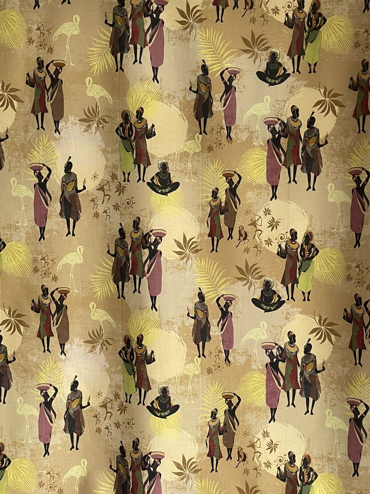 African Ladies Print Tribal Cotton Fabric Panel 140x100 Baobab Fruit Tree Leaves Yellow