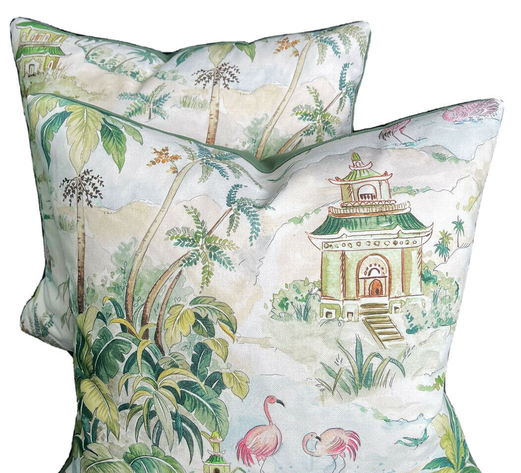 Pagoda Cushion Cover White Pink Flamingo Bird Botanical Tropical Palm Tree Leaf