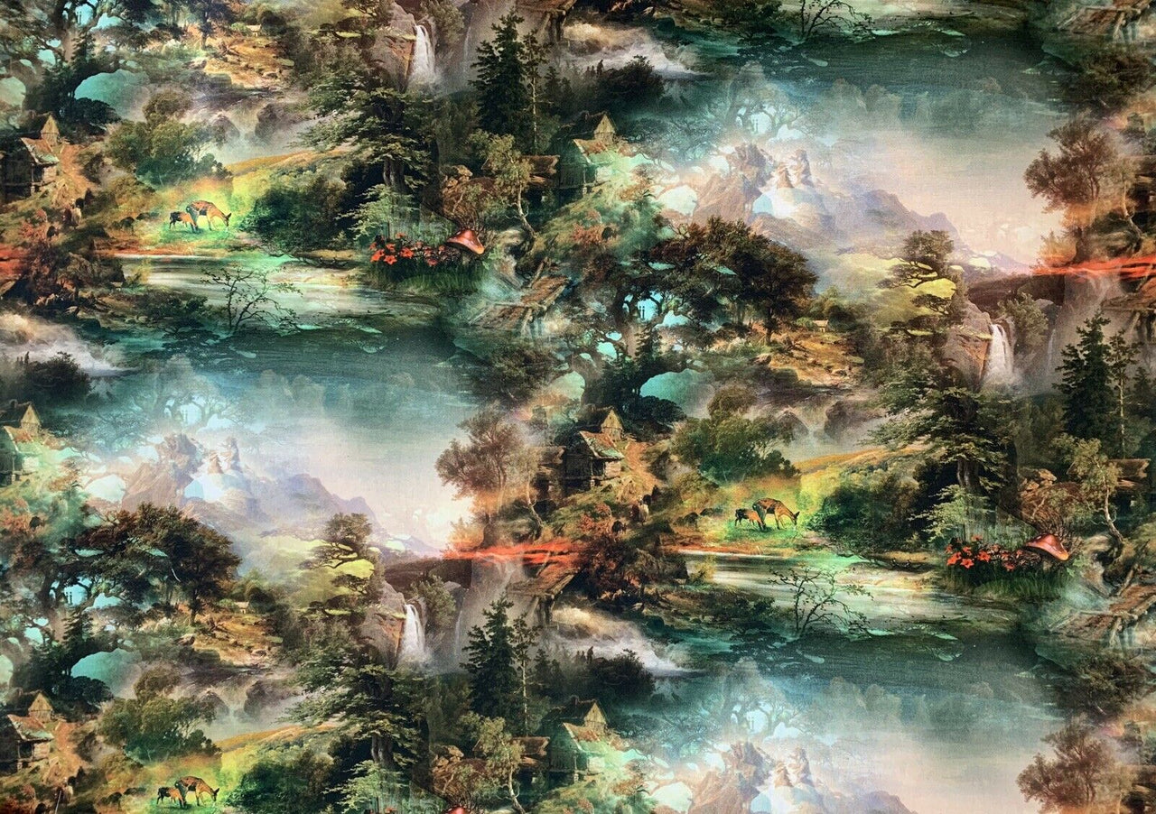 Forest Nature Cotton Fabric By Meter Deer Sewing Material Mountain Waterfall Green Vintage Art Style Textile