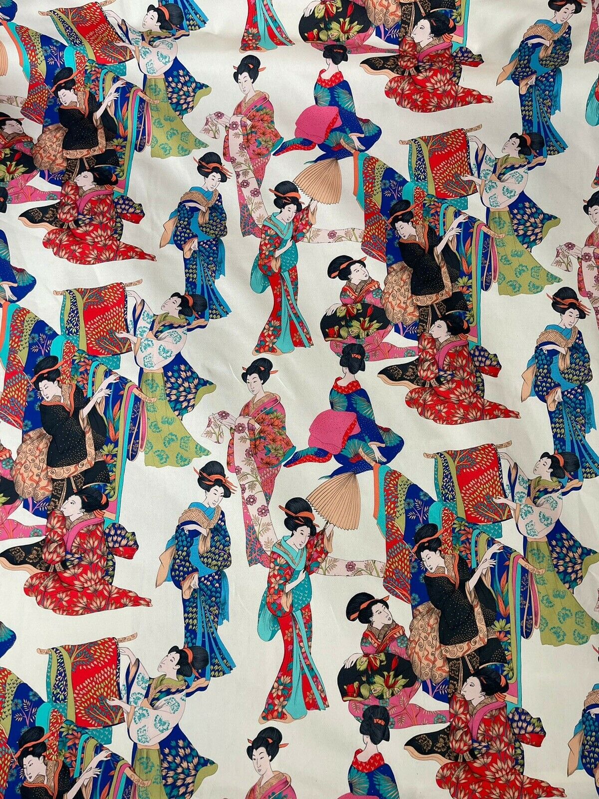 Geisha Printed Cotton Fabric by Meter Japanese Lady Kimono Motif Sewing Material Blue Pink Red Floral Textile